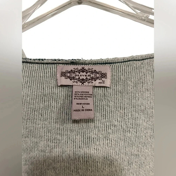 OLIVER BY ESCIO OPEN FRONT CARDIGAN SWEATER SIZE L GREEN/IVORY - Picture 5 of 7